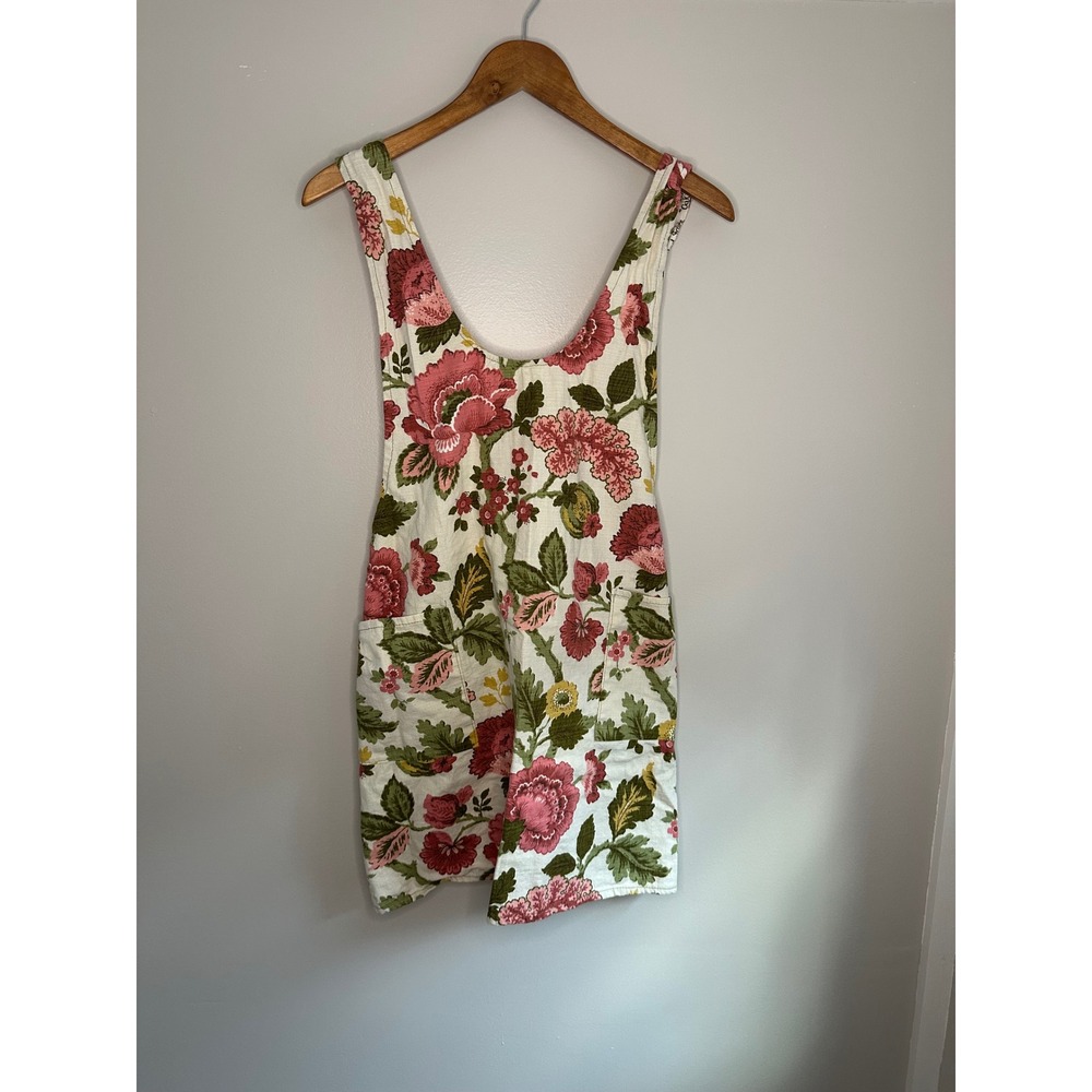 Good Deeds Floral Pinafore Apron Women OS White Pink EUC Upcycled Handmade Maine